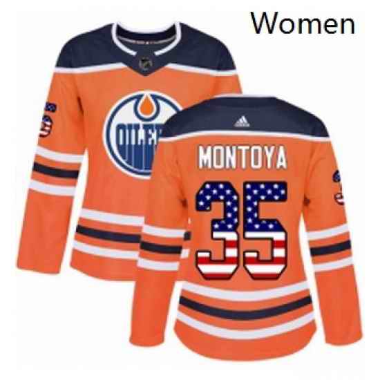 Womens Adidas Edmonton Oilers 35 Al Montoya Authentic Orange USA Flag Fashion NHL Jersey